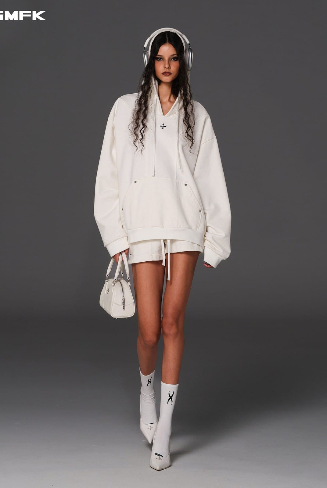SMFK Cotton Wool Blend Oversized Hoodie in White - On Female Model