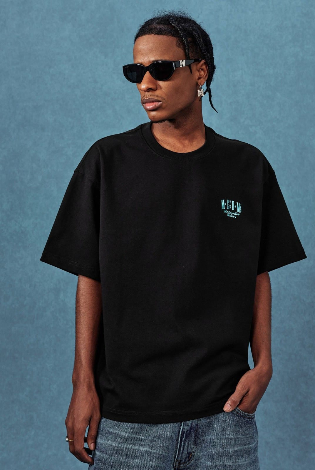 MEDM Letter Embroidery Cotton T Shirt in Black - On Male Model