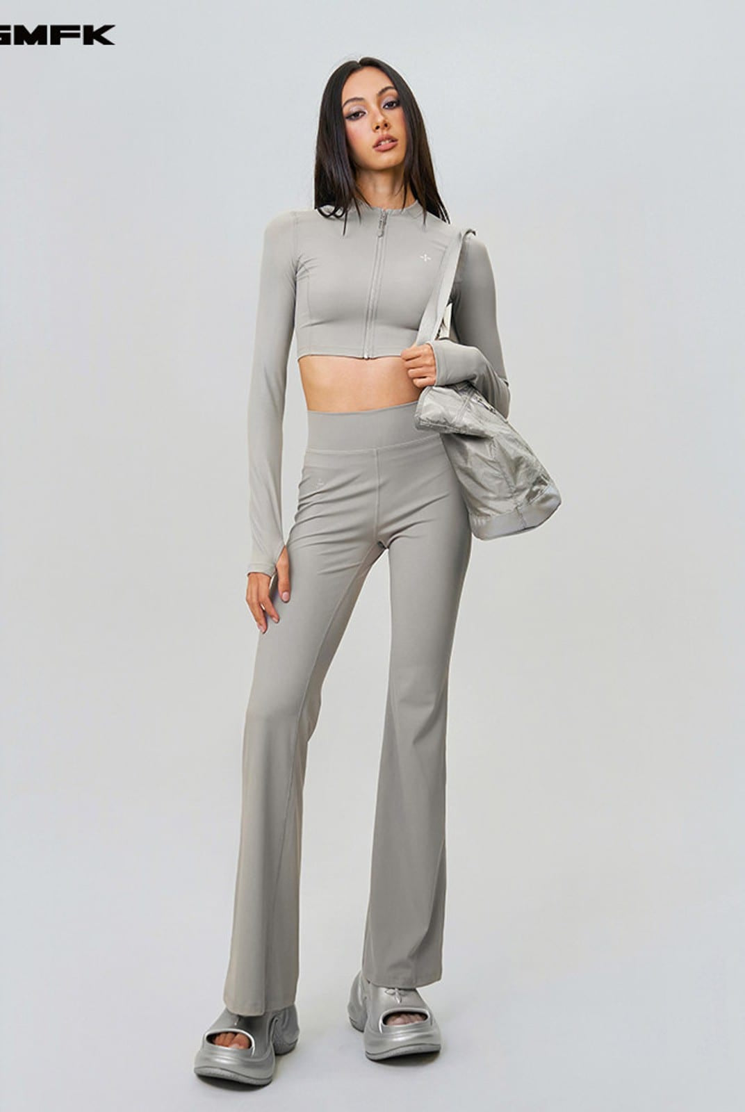SMFK Zip Front Cropped Activewear Jacket in Gray - On Female Model