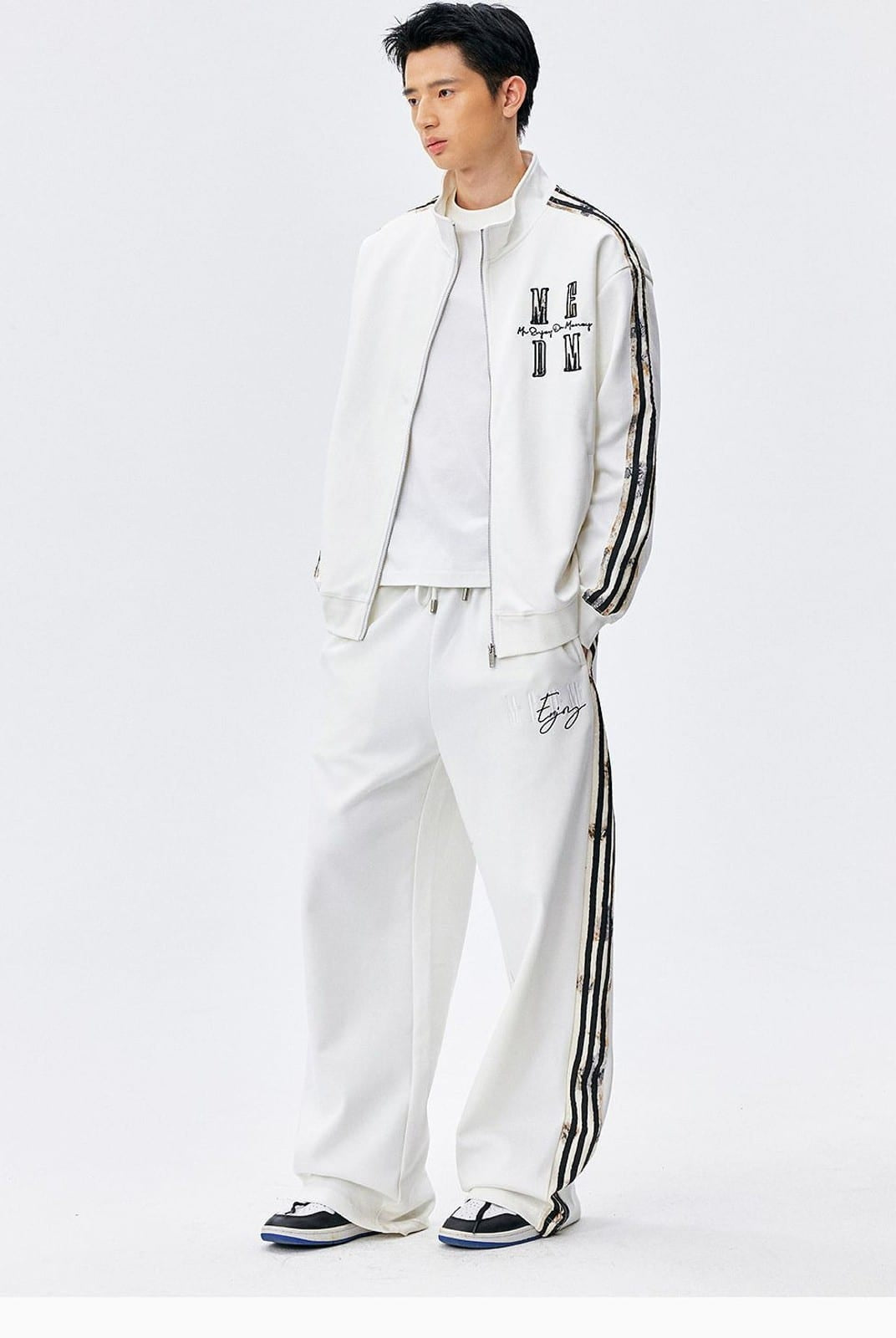 MEDM Lace Paneled Striped Track Pants in White - On Male Model