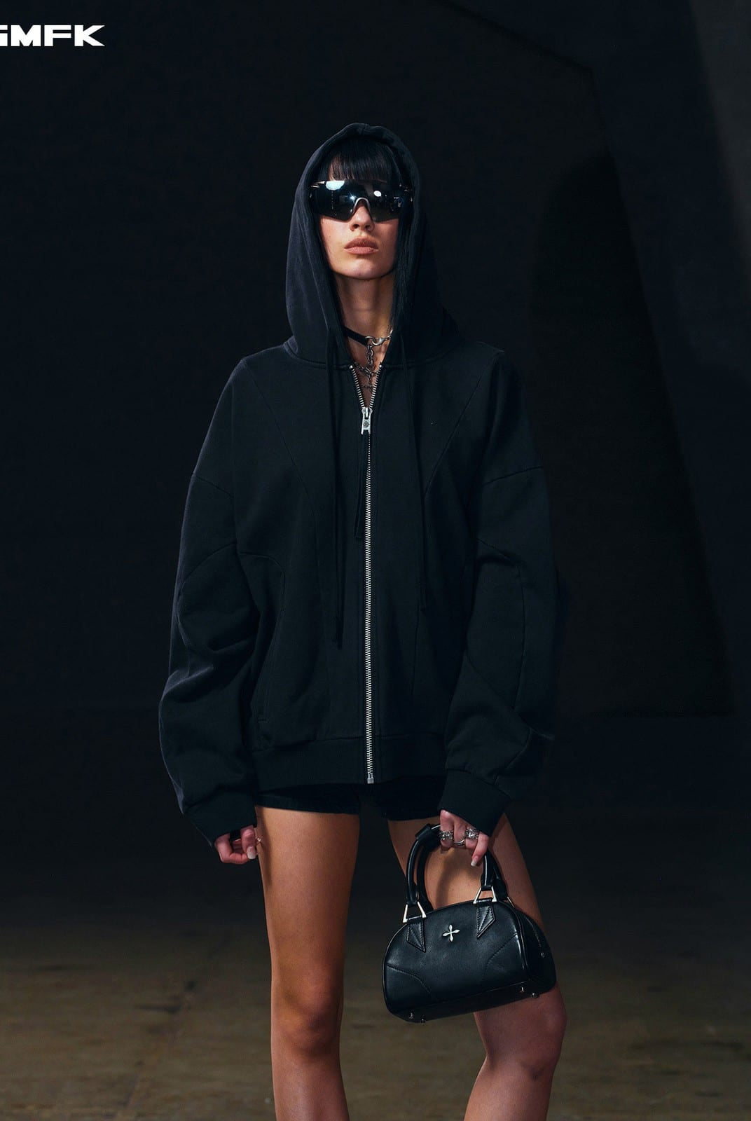 SMFK Oversized Zip Up Cotton Hoodie in Black - On Female Model