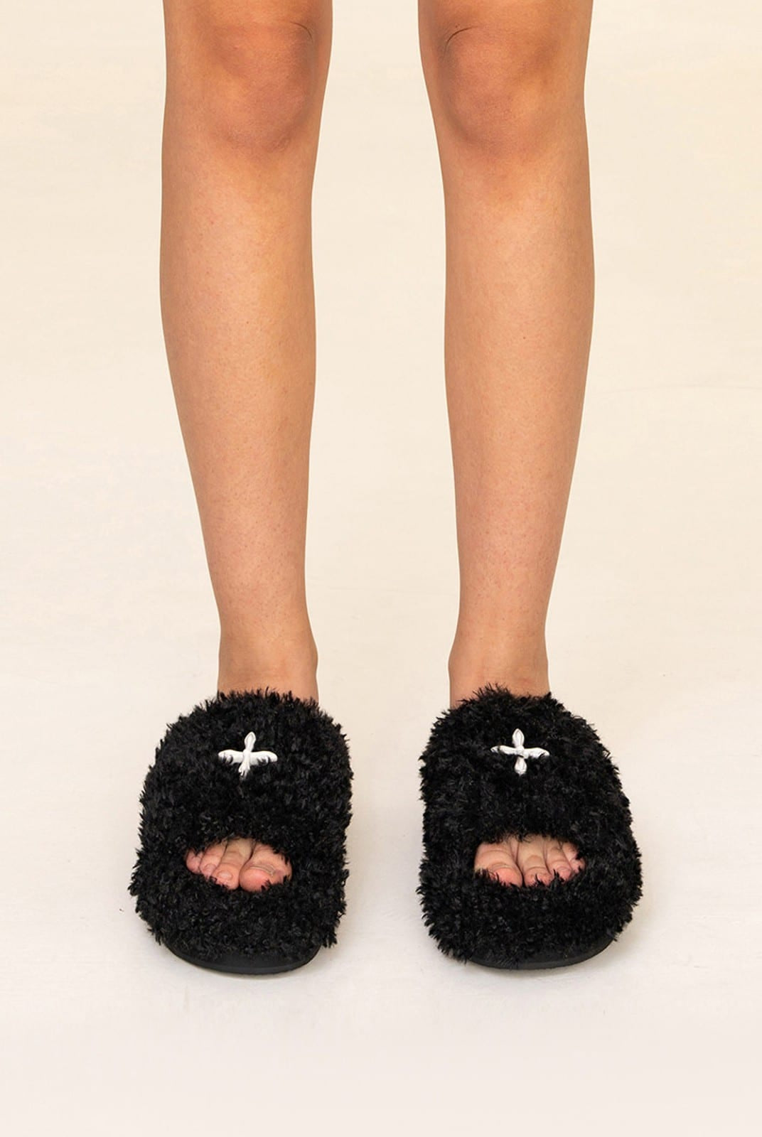 SMFK Cross Motif Faux Fur Platform Slides in Black - On Model