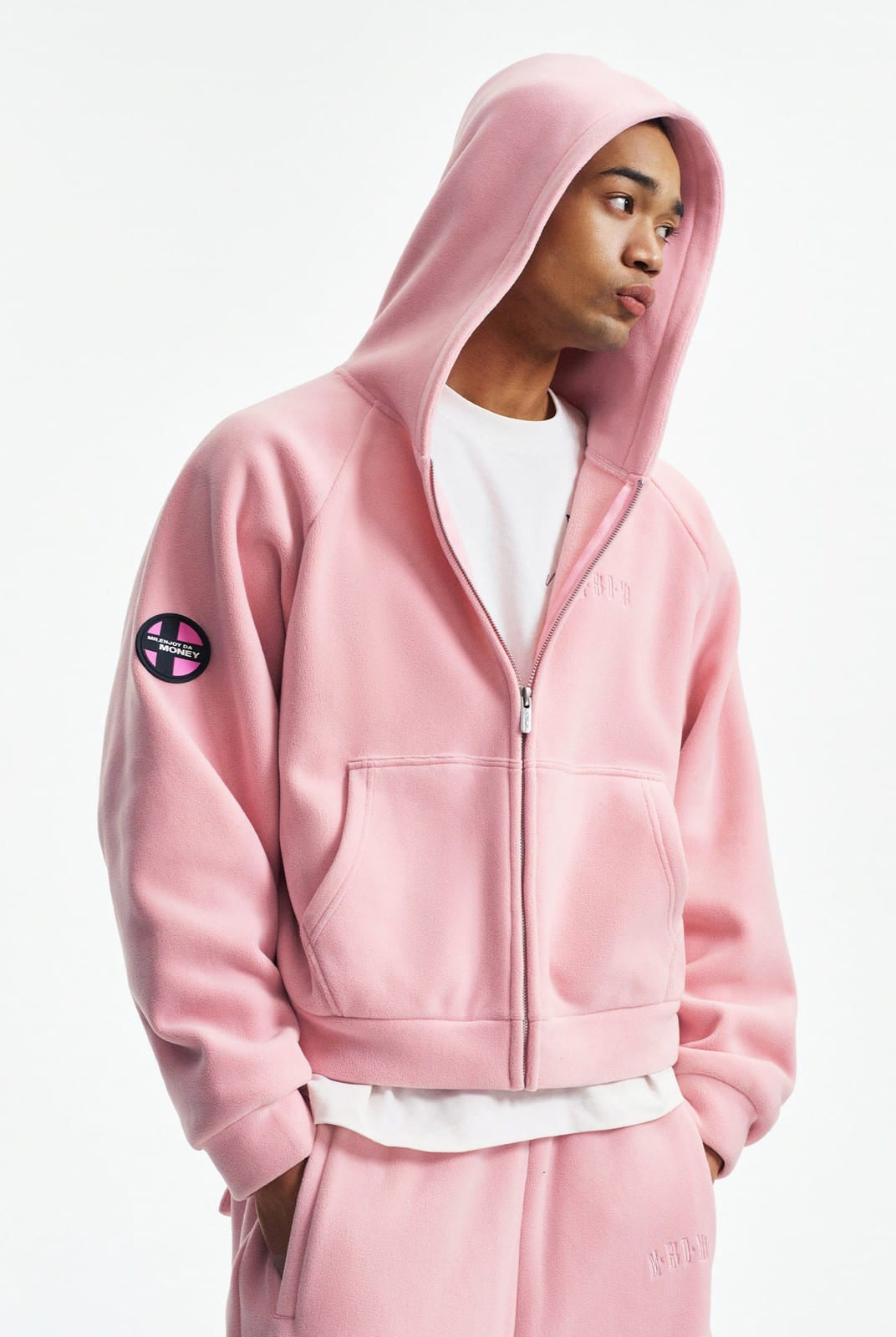 MEDM Polar Fleece Zip Hoodie Jogger Set in Pink - On Male Model