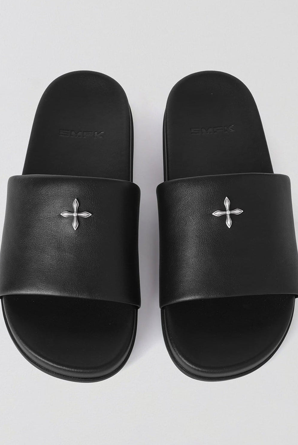 SMFK Leather Cross Detail Slide Sandals in Black