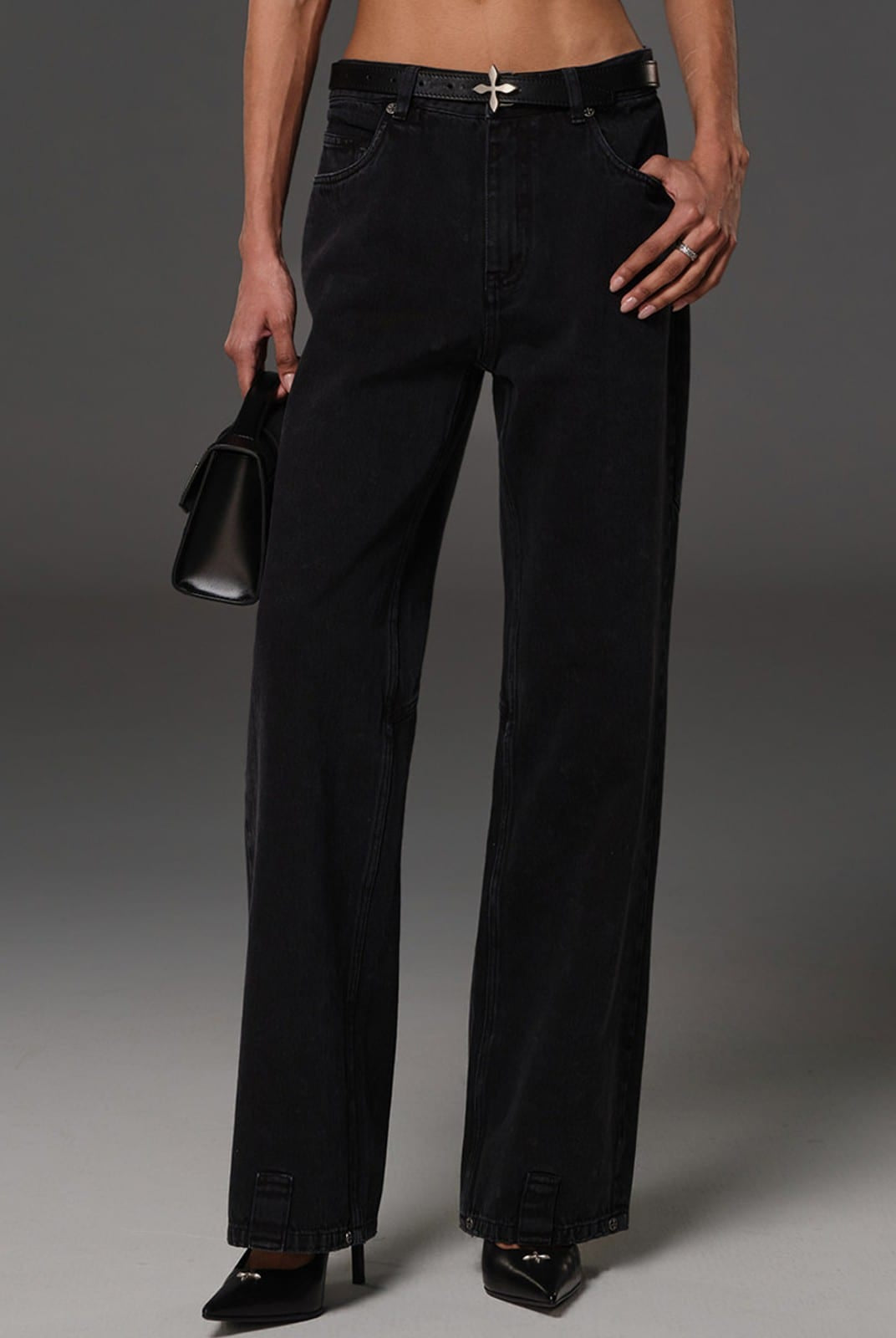 SMFK Vintage Wash Straight Leg Jeans in Gray - On Female Model