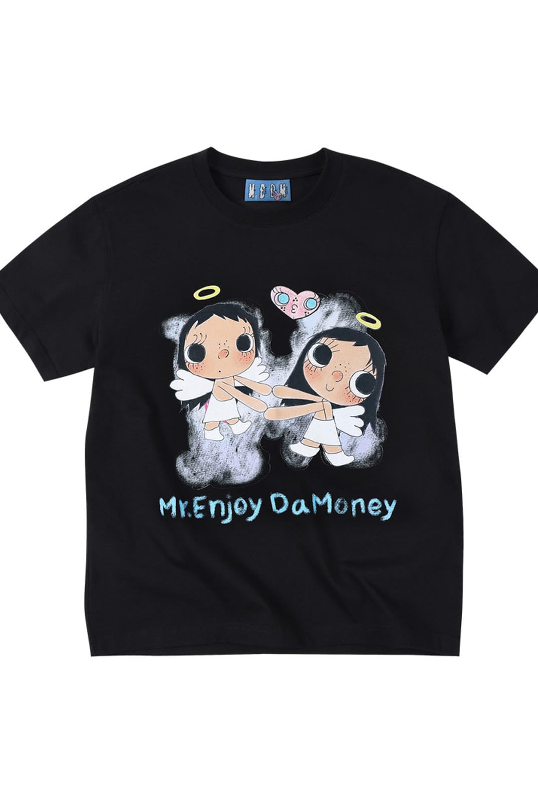 MEDM Embroidered Heart Cotton T Shirt in Black