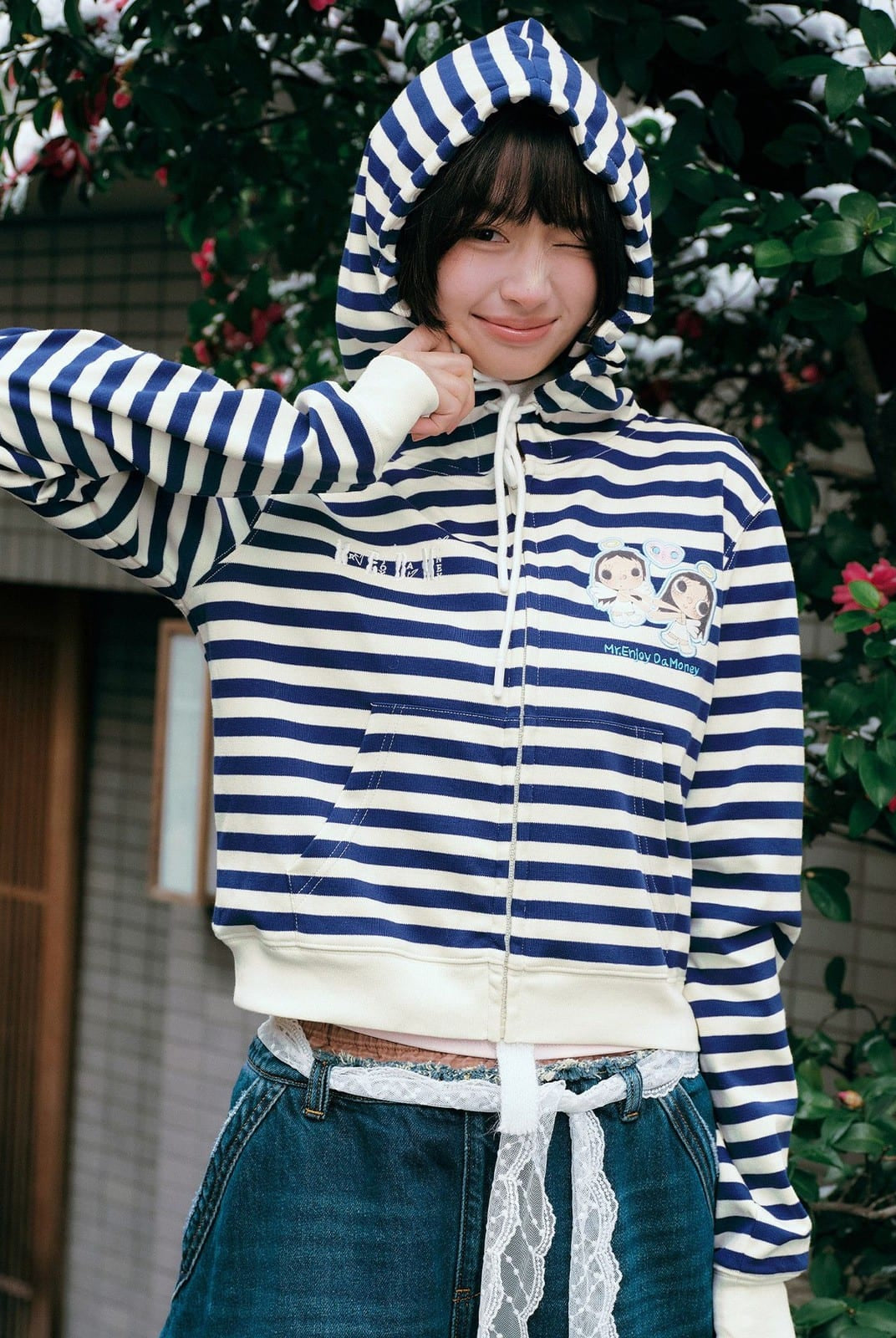 MEDM Cropped Striped Applique Zip Hoodie in Navy Blue - On Female Model