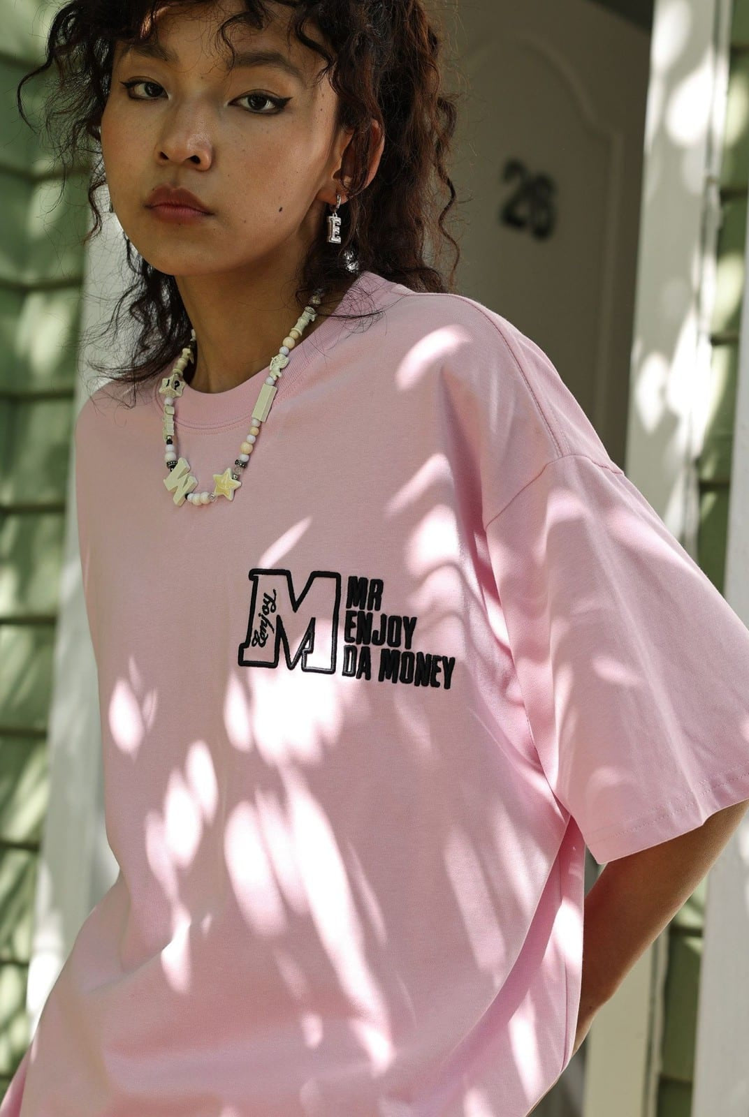 MEDM Half Sleeve Cotton Logo T Shirt in Pink - On Female Model