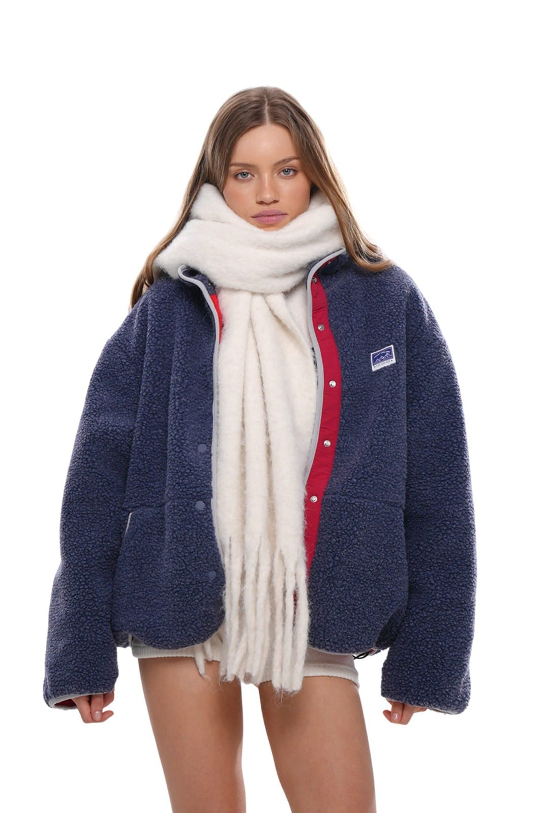 SweetChilling Double Layer Fleece High Collar Jacket in Navy Blue - On Female Model