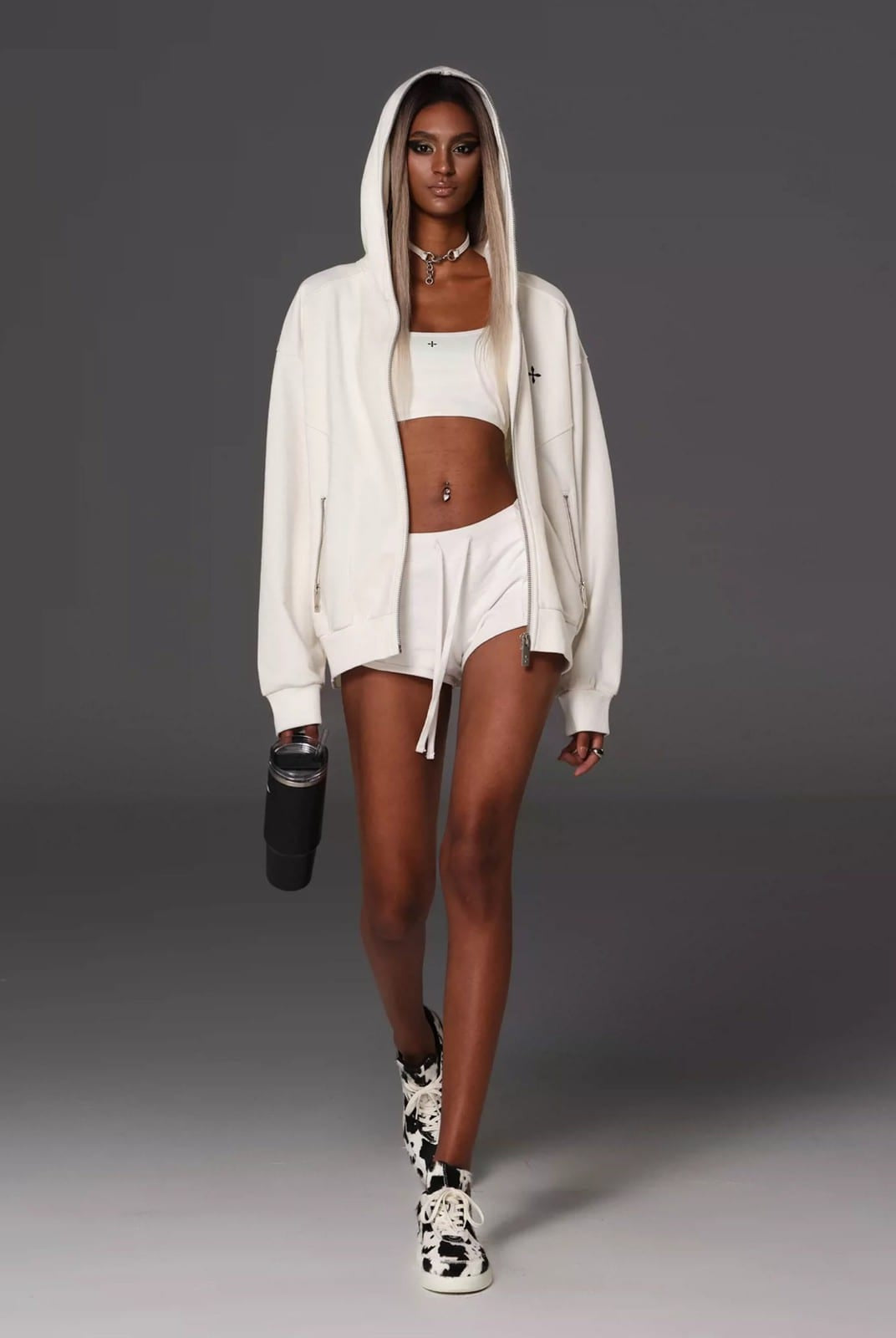 SMFK Cotton Wool Oversized Zip Up Hoodie in White - On Female Model