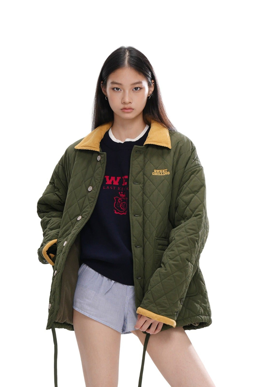 SweetChilling Layered Look Jacquard Crewneck Sweater in Navy Blue - On Female Model