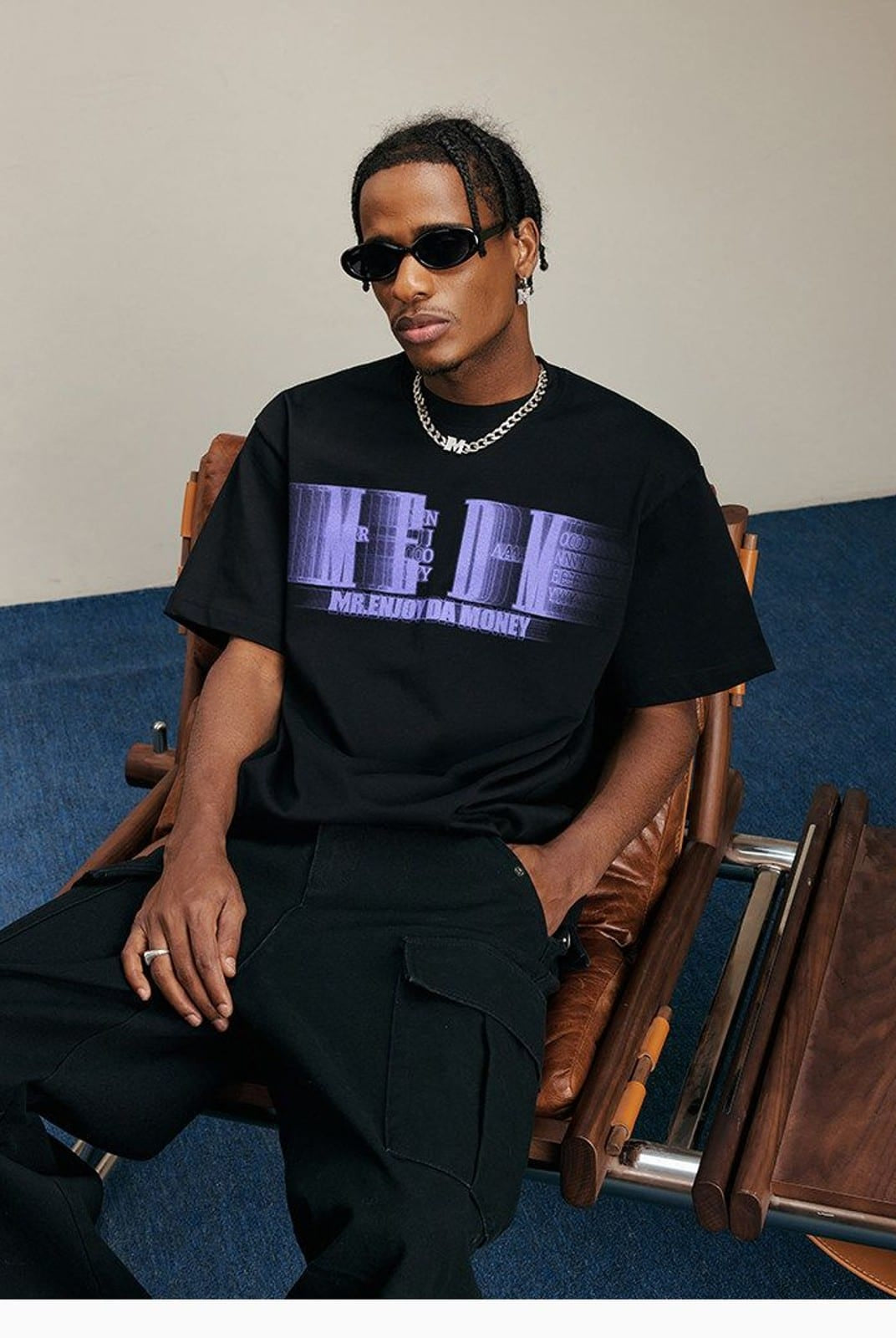 MEDM Glitch Logo Graphic Cotton T Shirt in Purple - On Male Model