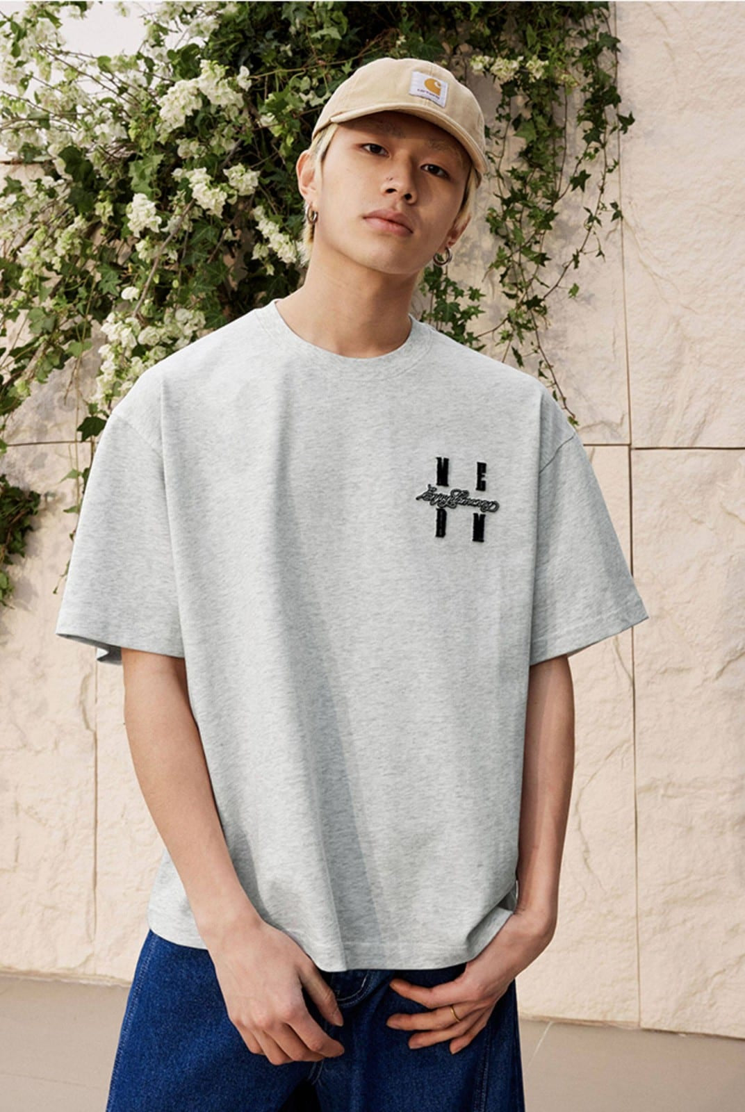 MEDM Tufted Logo Cotton T Shirt in Gray - On Male Model