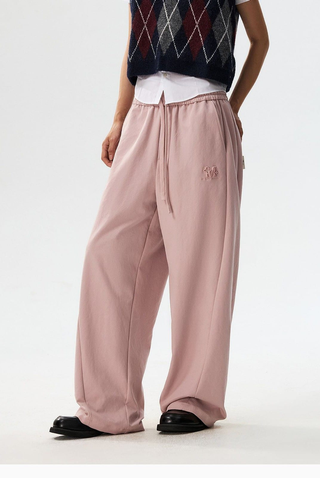MEDM Spliced Drawstring Wide Leg Trousers in Pink - On Model