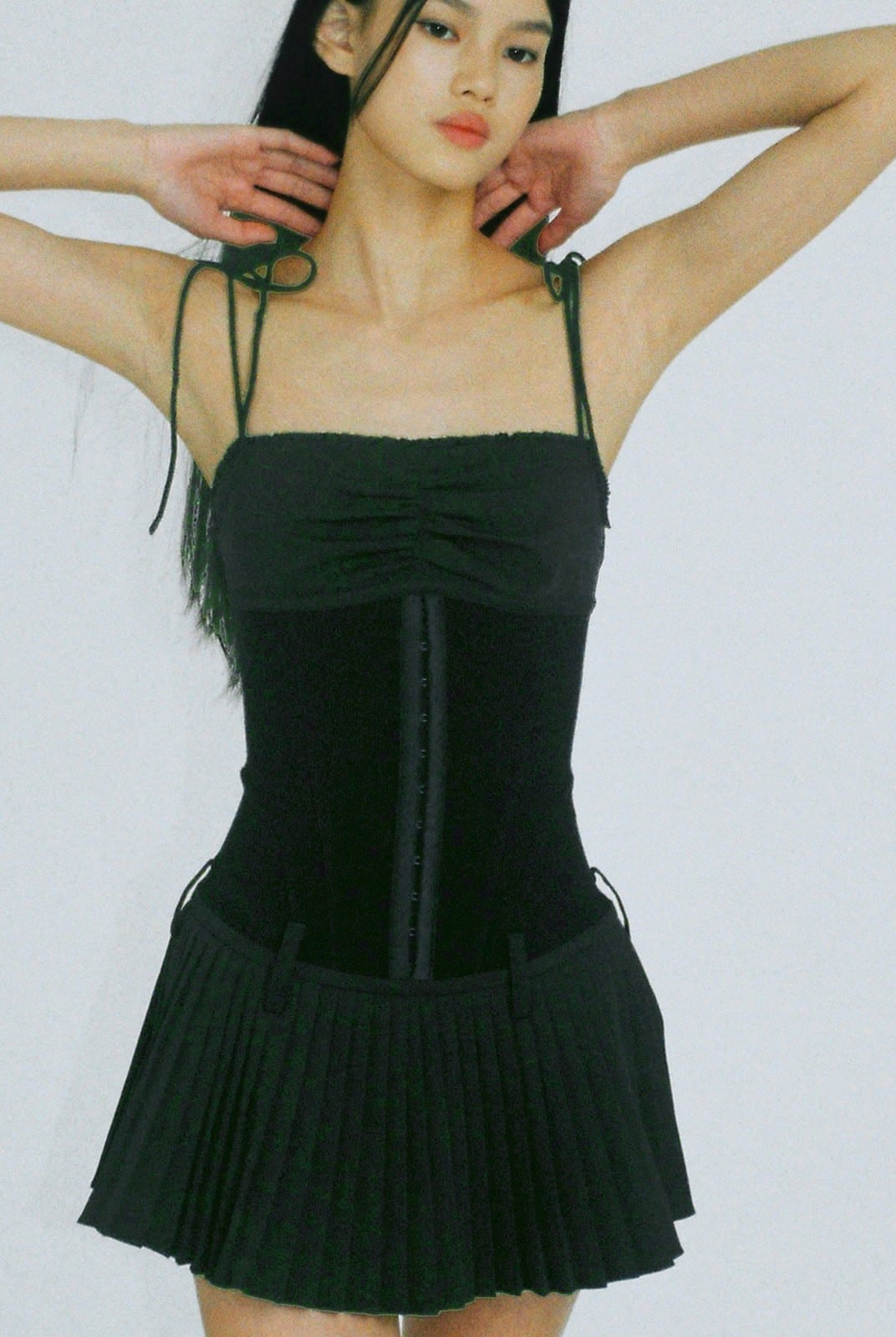 SweetChilling Pleated Paneled Slip Mini Dress in Black - On Female Model