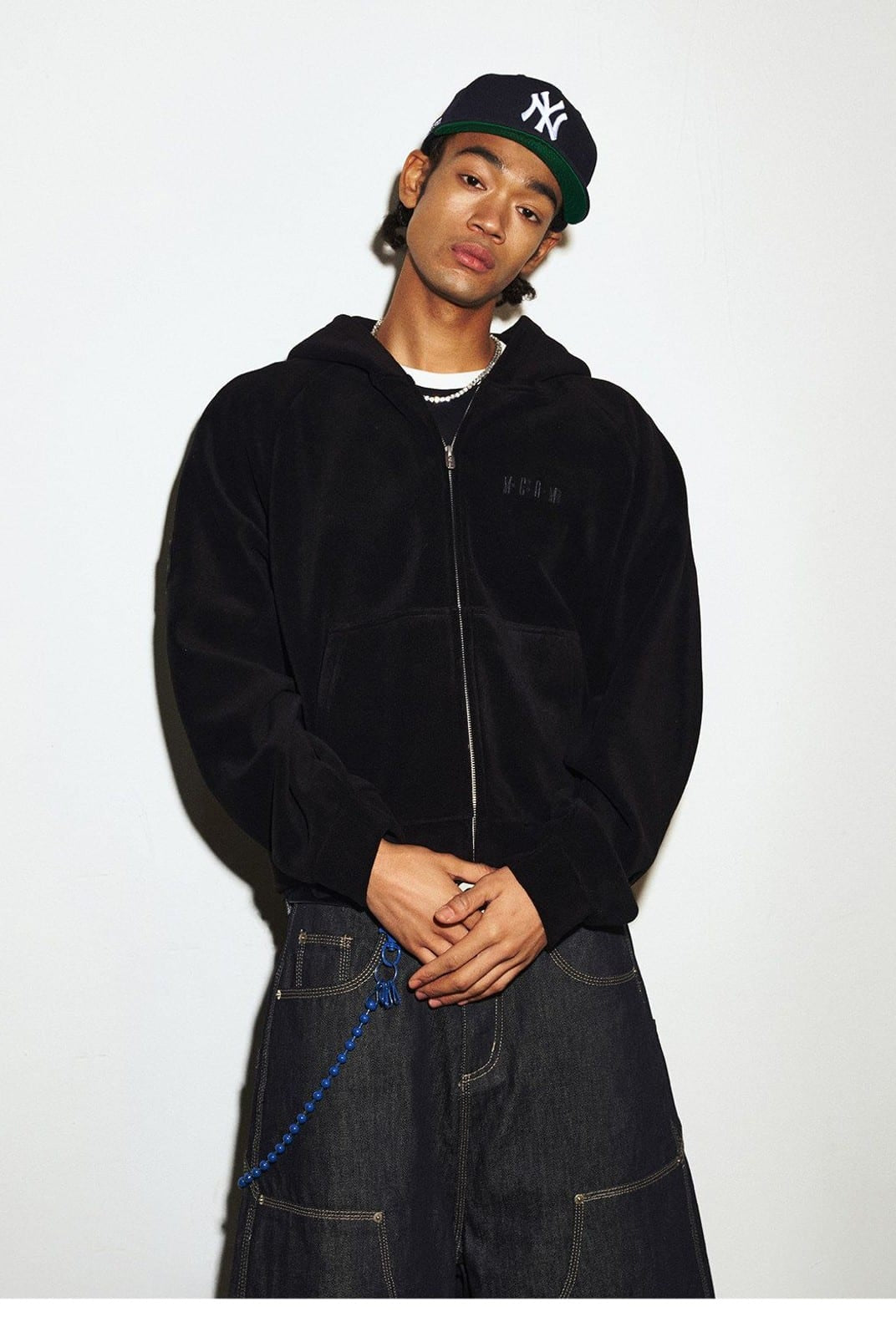 MEDM Fleece Zip Hoodie Drawstring Pants Set in Black - On Male Model