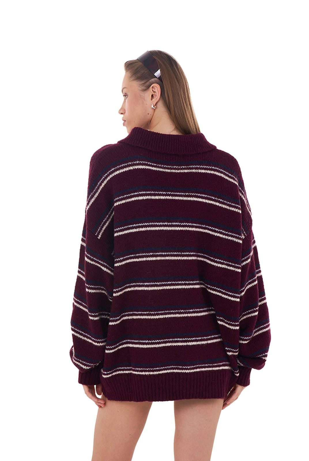 SweetChilling Striped Lambswool Blend Polo Sweater in Red - On Female Model