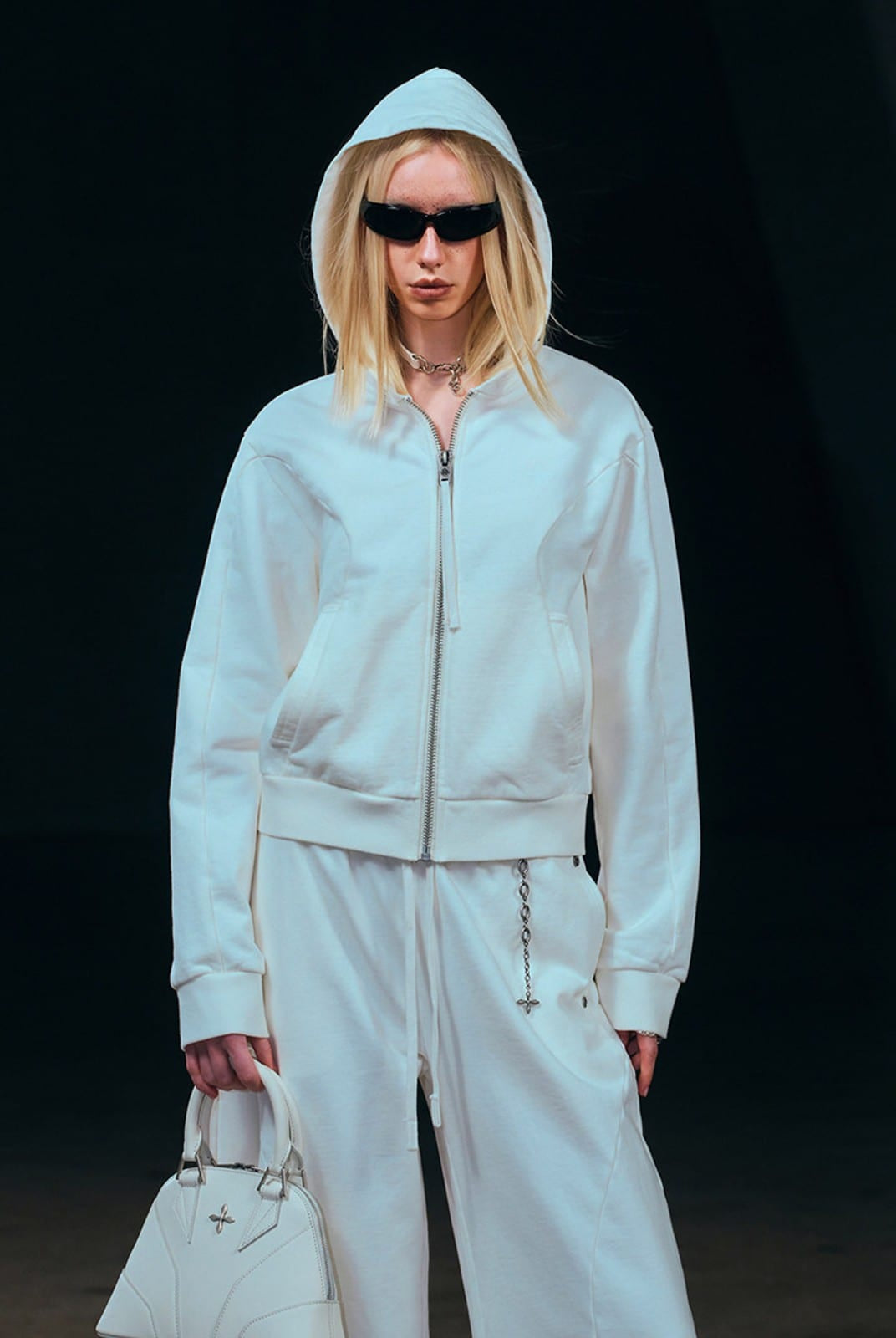 SMFK Embroidered Cropped Zip Up Hoodie in White - On Female Model