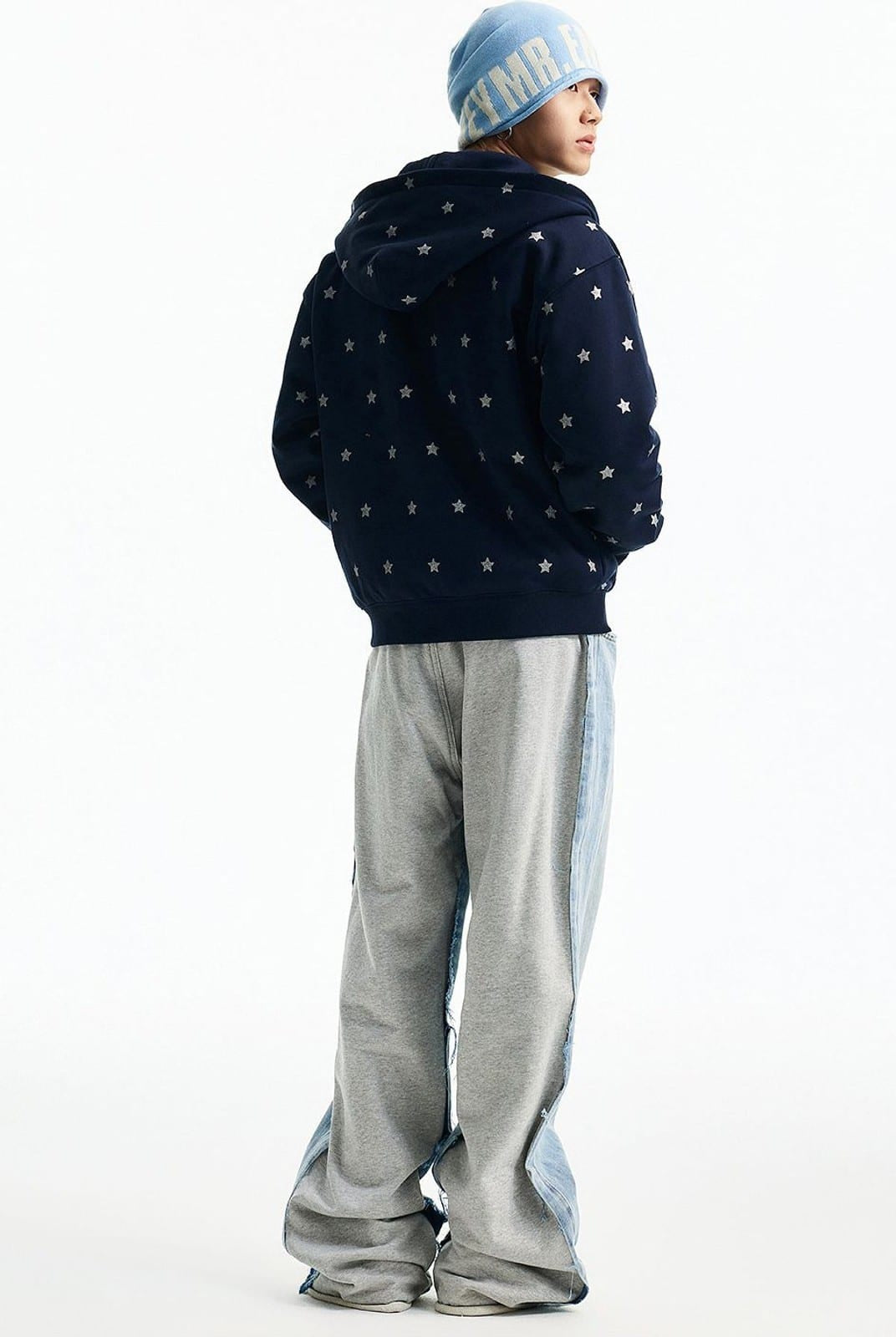 MEDM Fleece Lined Star Print Zip Hoodie in Navy Blue - On Male Model