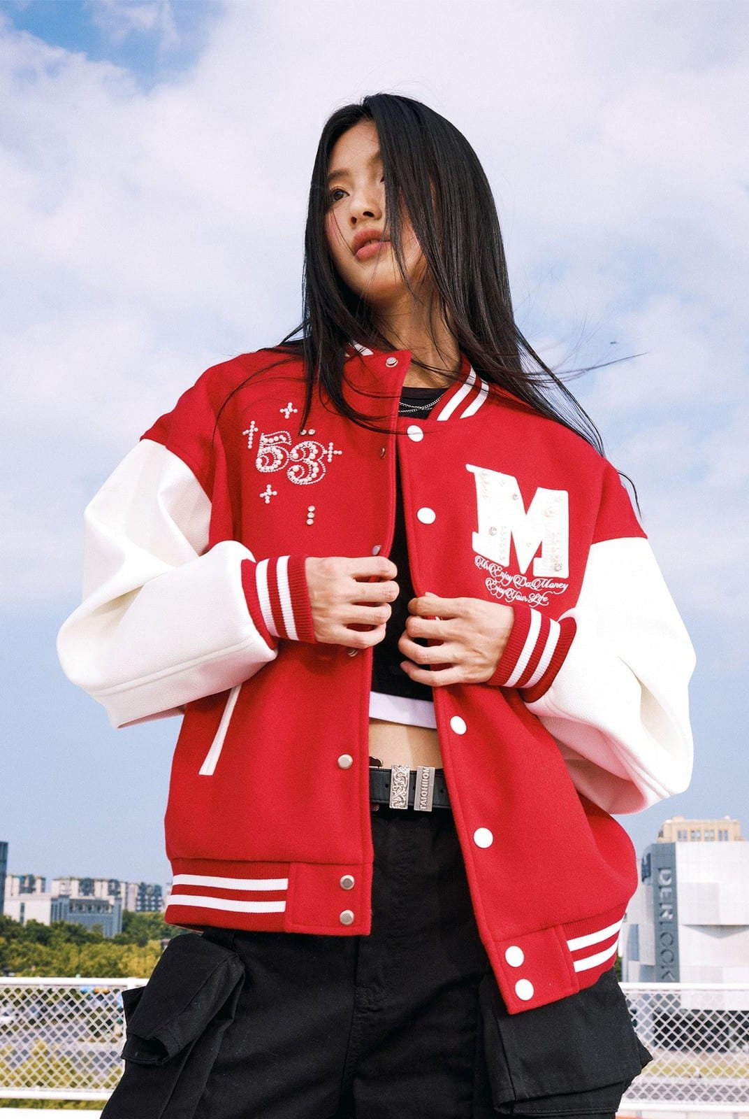 MEDM Pearl Embellished Varsity Jacket in Burgundy - On Female Model