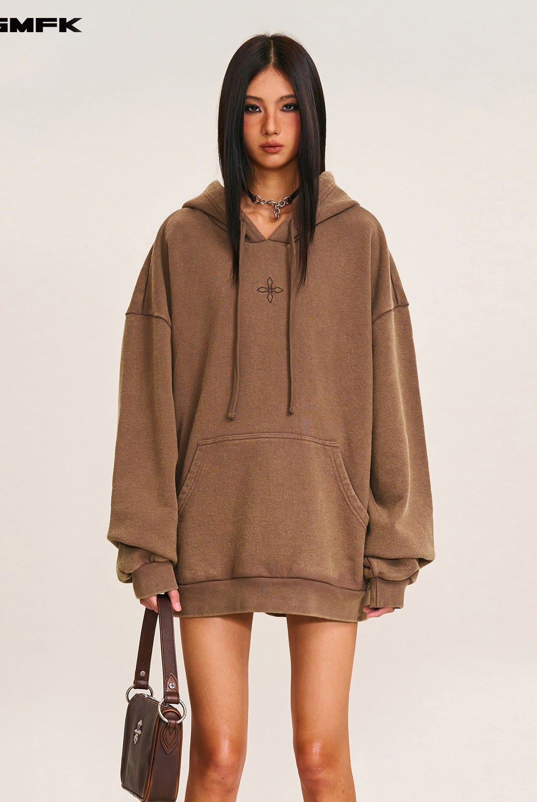 SMFK Vintage Camouflage Cotton Hoodie in Brown - On Female Model