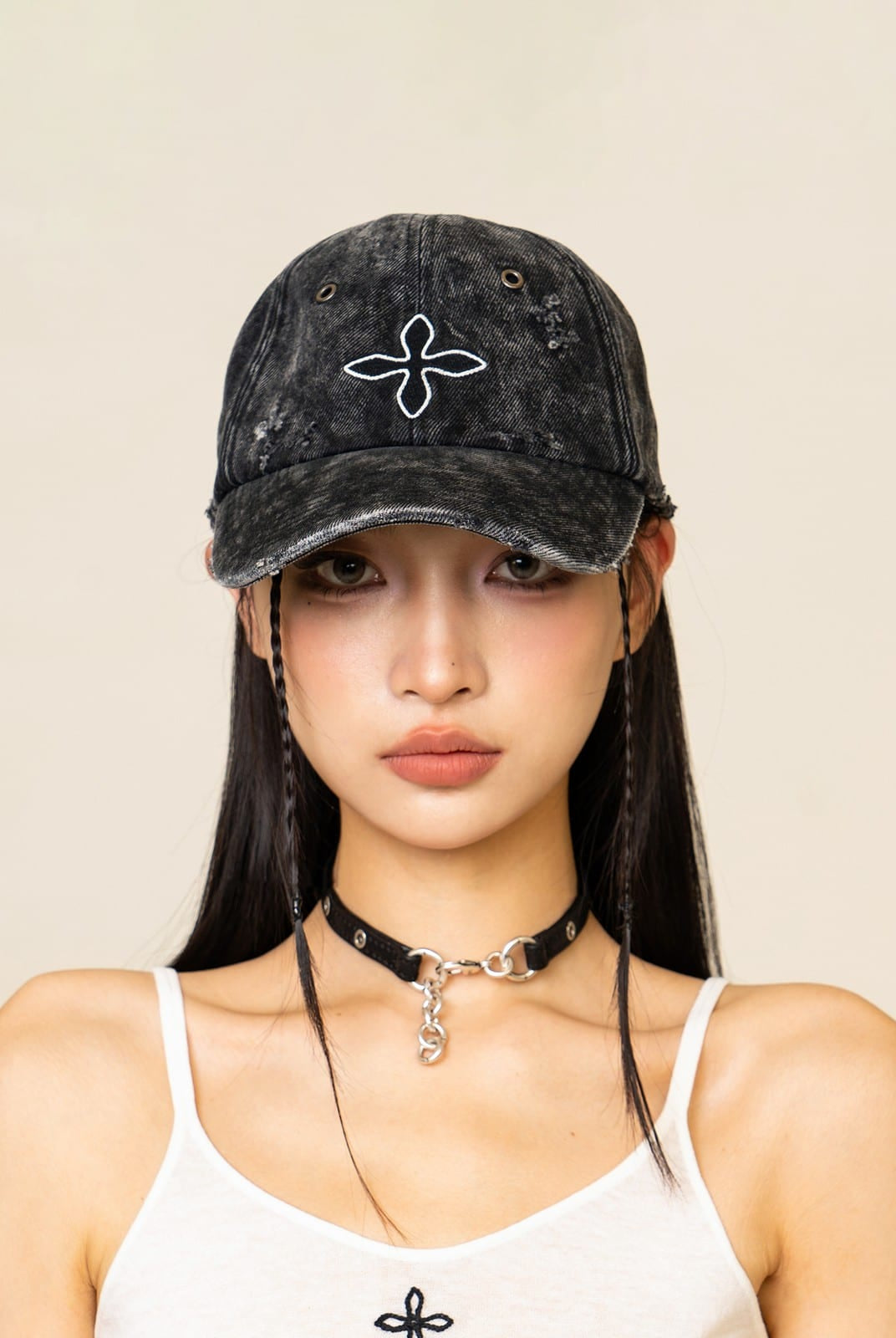 SMFK Distressed Cross Embroidered Baseball Cap in Black - On Female Model
