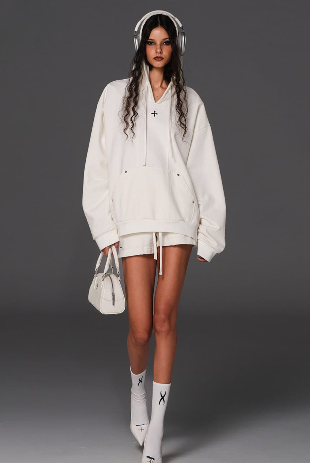 SMFK Cotton Wool Blend Oversized Hoodie in White - On Female Model