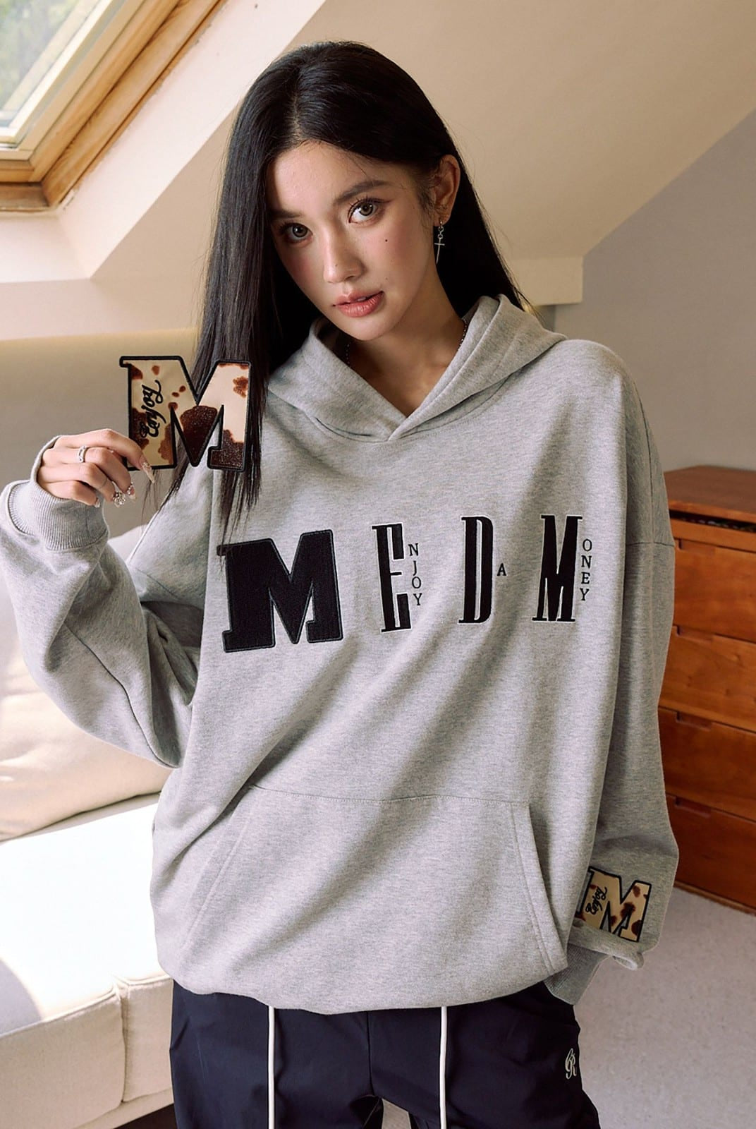 MEDM Animal Print Logo Pullover Hoodie in Gray - On Female Model