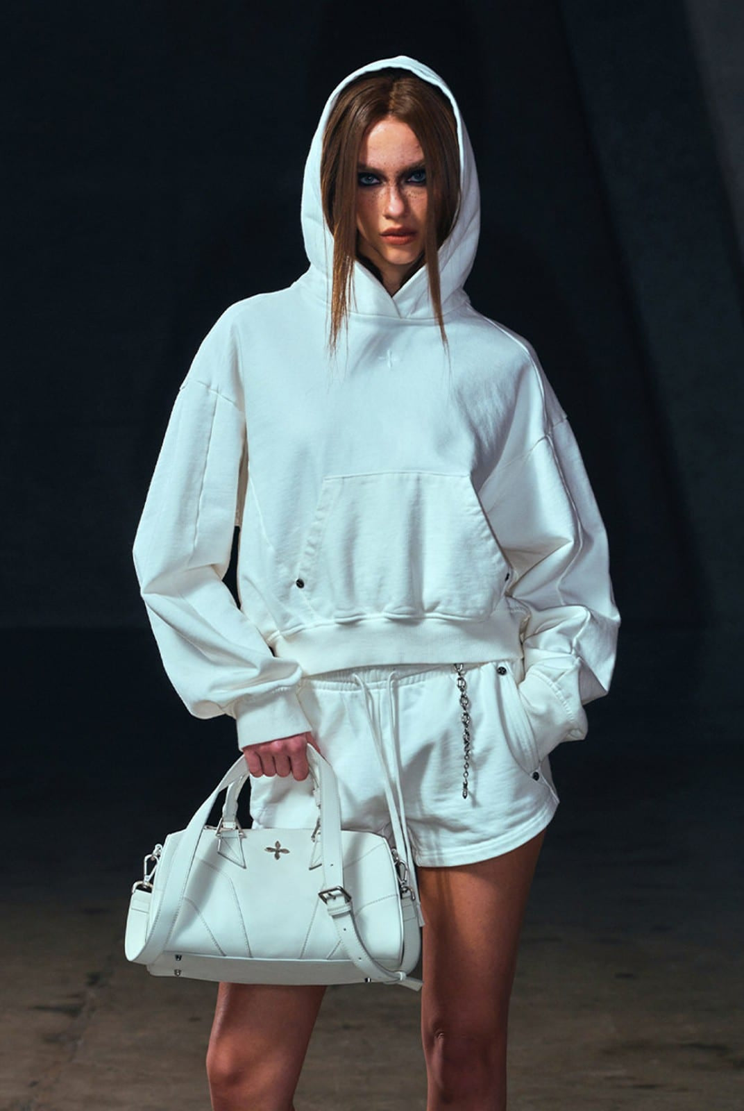 SMFK Meditation Cropped Cotton Hoodie in White - On Female Model