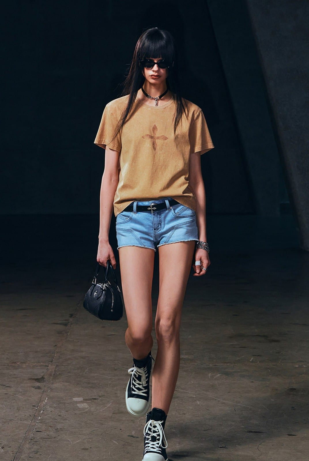 SMFK Vintage Wash Cross Graphic T Shirt in Beige - On Female Model