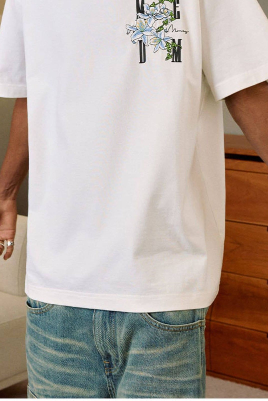 MEDM Floral Vine Embroidered T Shirt in White - On Model