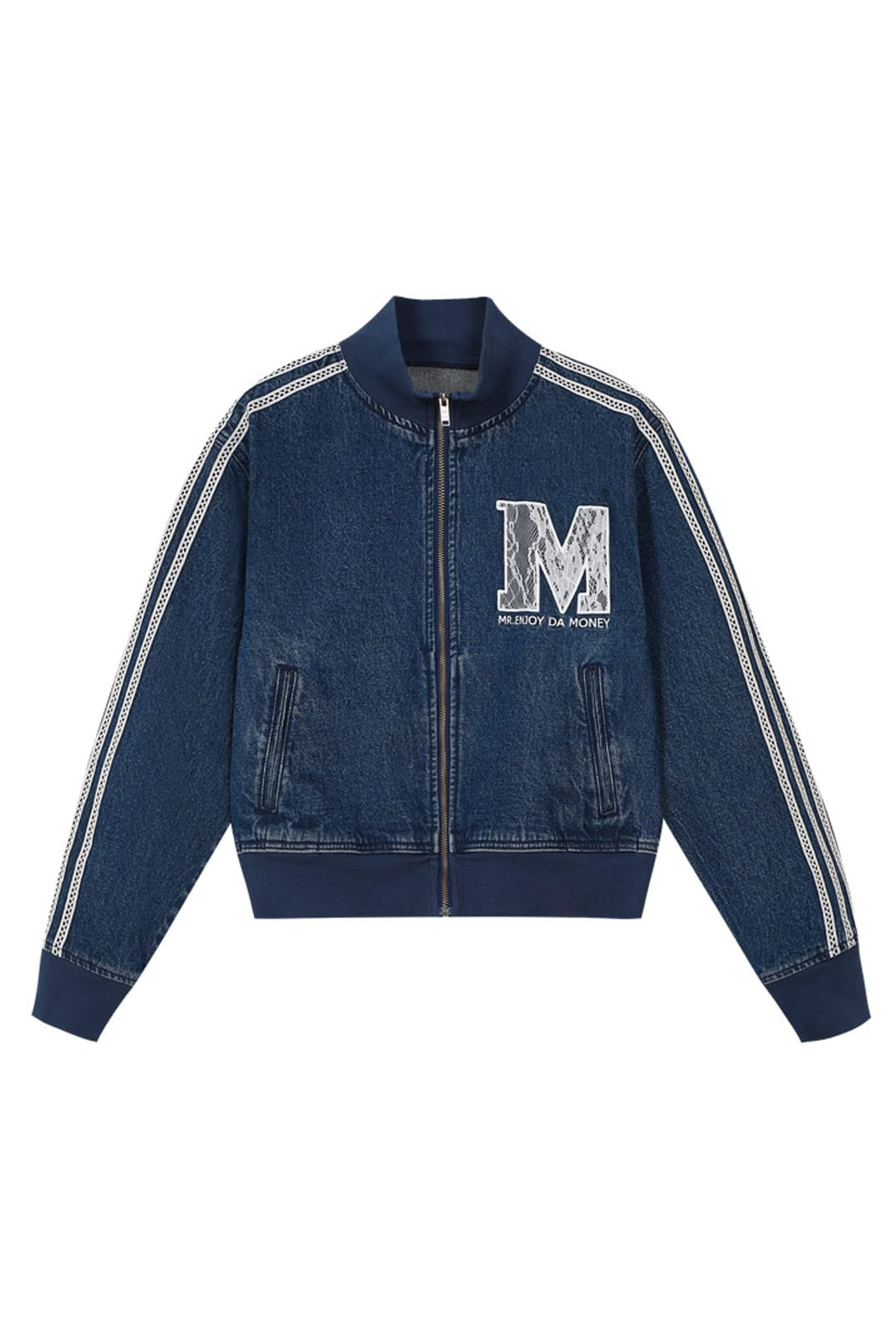 MEDM Lace Trim Stand Collar Denim Jacket in Denim