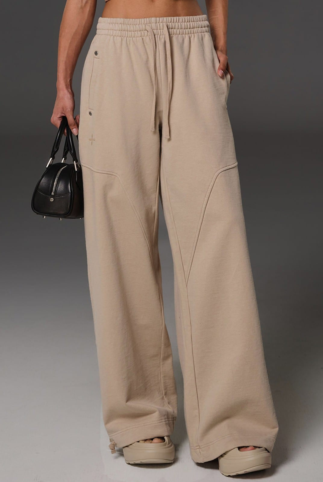SMFK Cotton Wool Flared Sweatpants in Beige - On Female Model