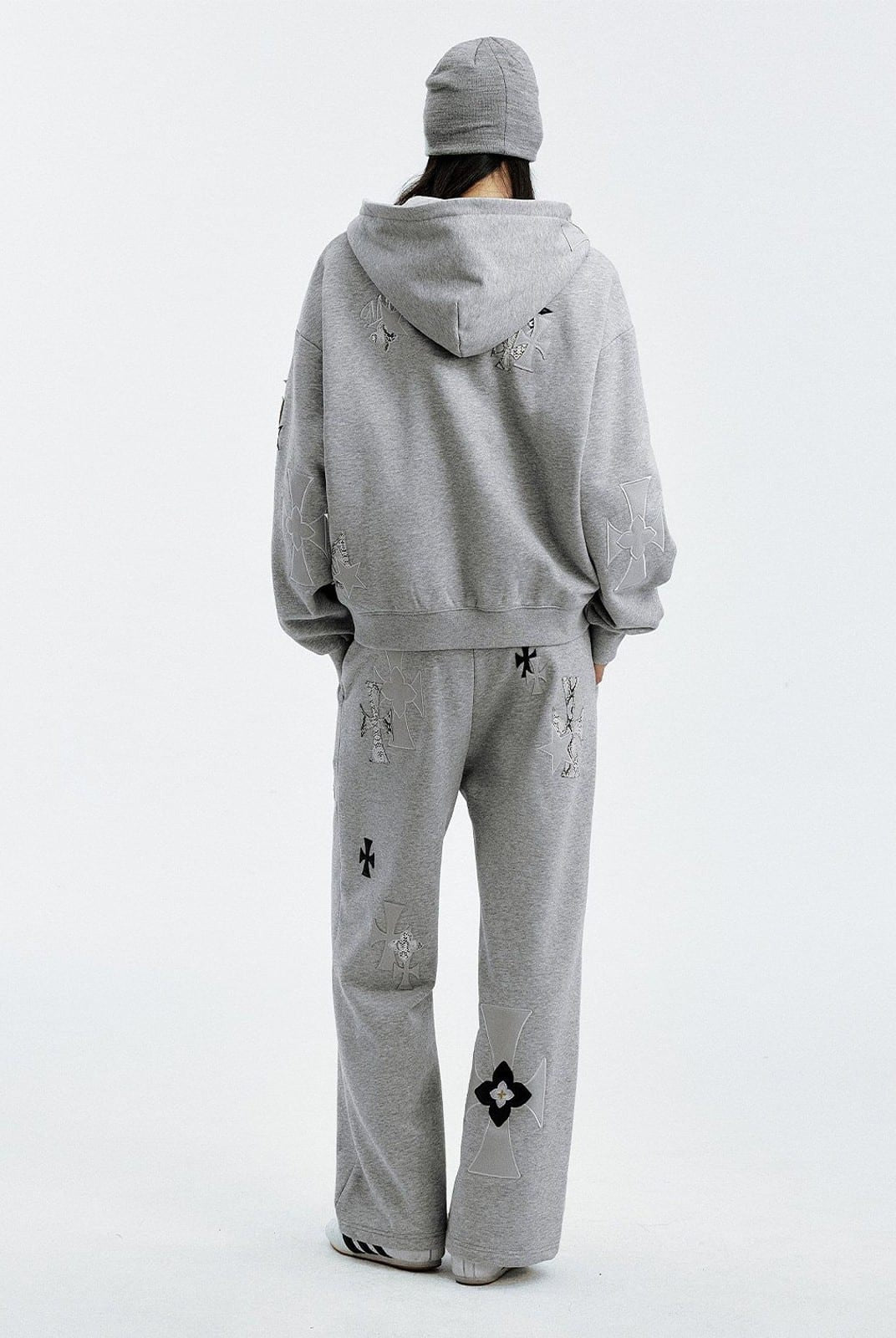 MEDM Leopard Leather Patch Drawstring Pants in Gray - On Model