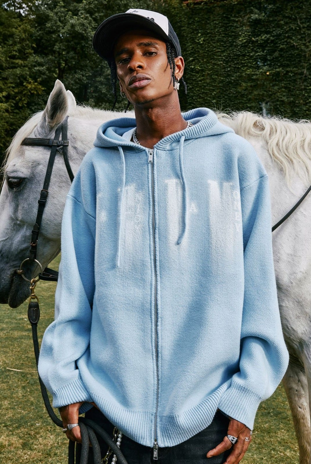MEDM Zip Up Hooded Knit Cardigan in Sky Blue - On Male Model