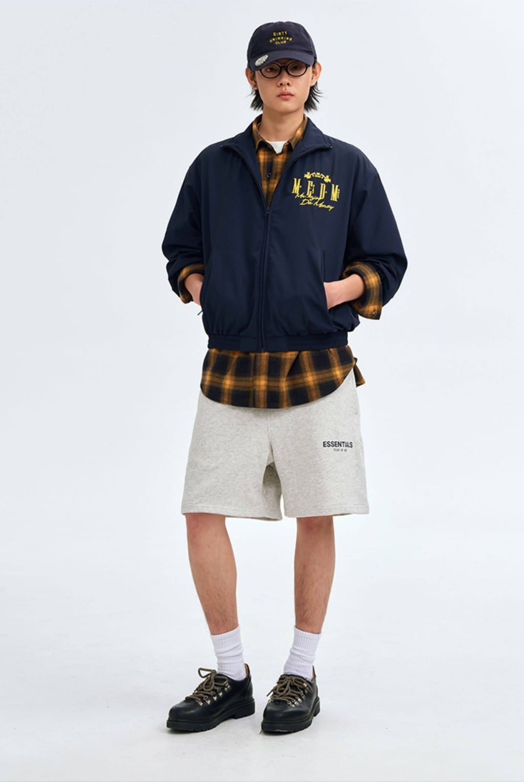 MEDM Nylon Stand Collar Coach Jacket in Navy Blue - On Male Model
