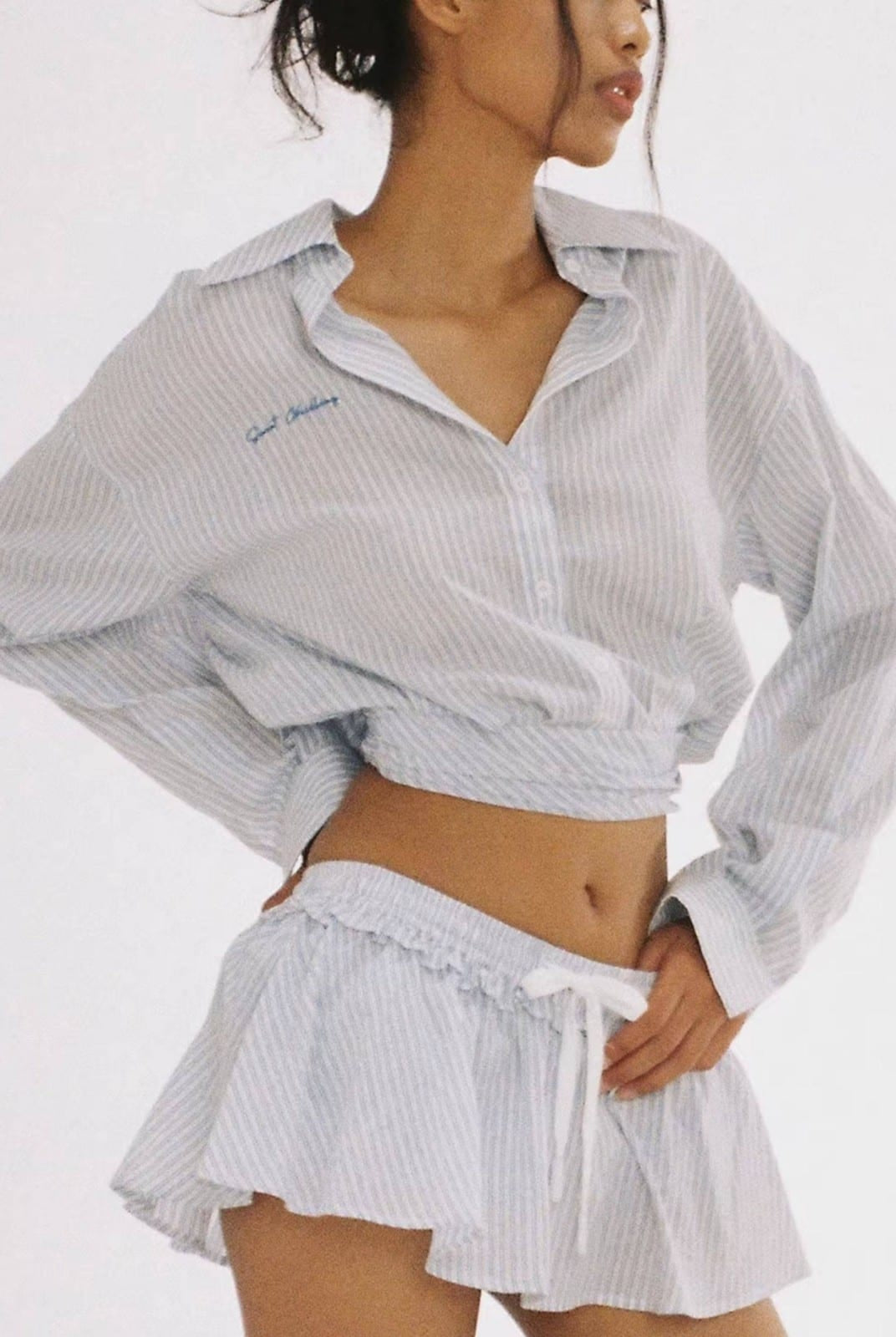 SweetChilling Wrap Hem Cropped Shirt in Blue - On Female Model