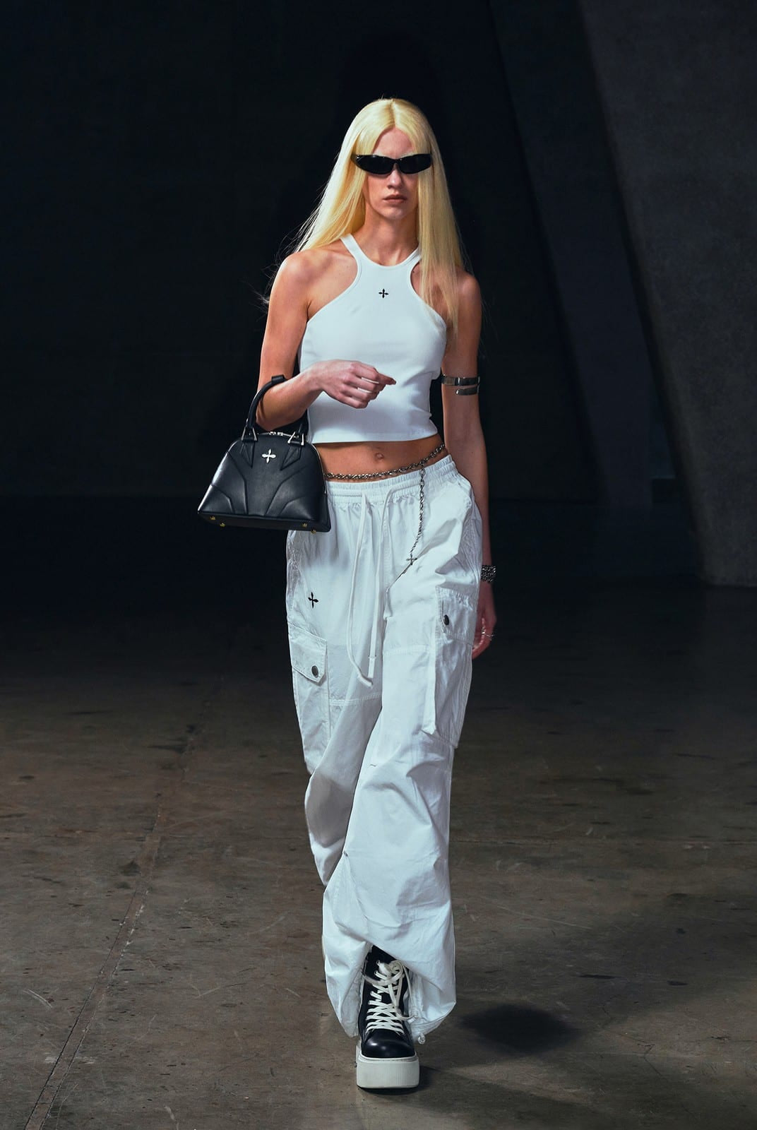 SMFK Garment Dyed Drawstring Cargo Pants in White - On Female Model