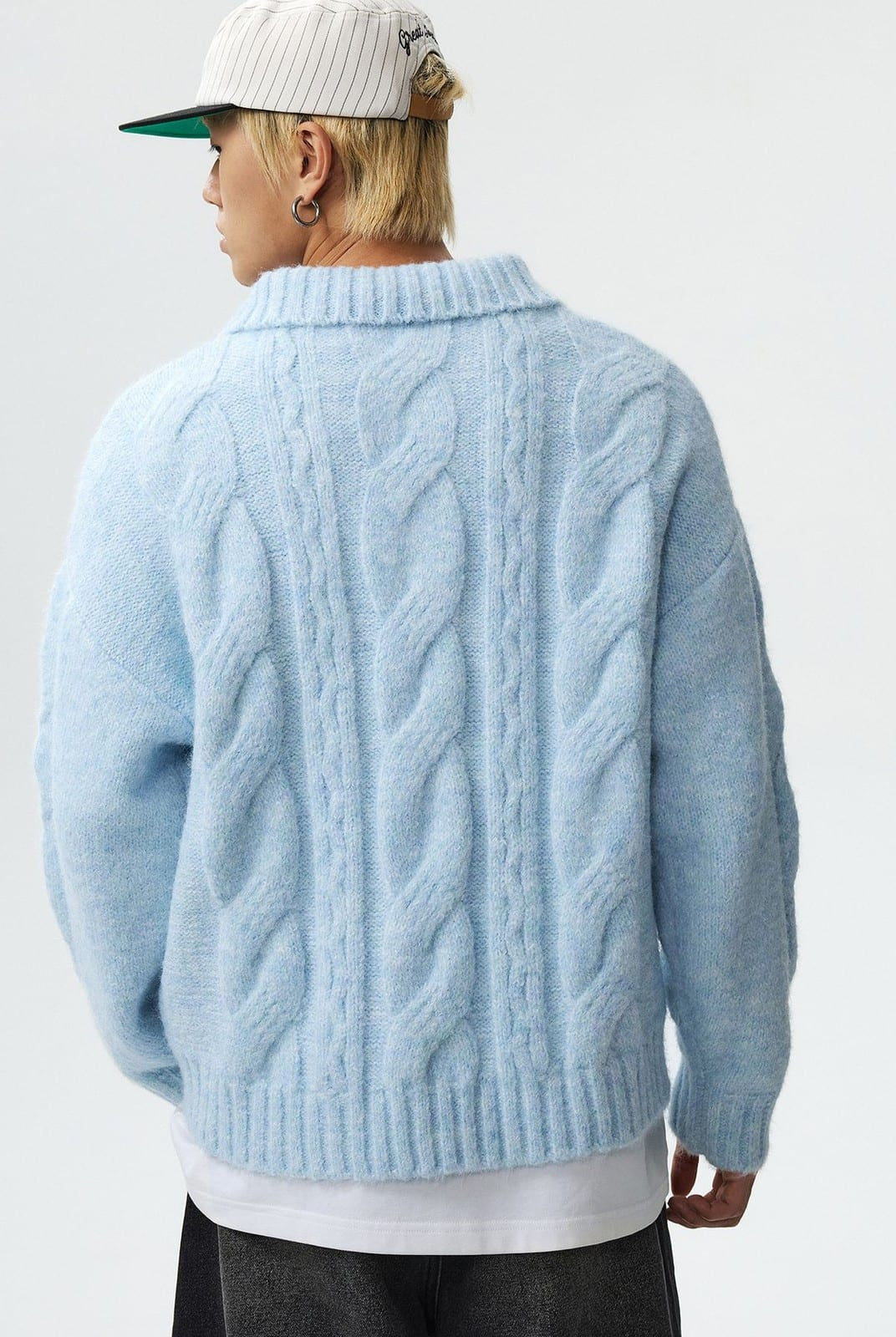 MEDM Cable Knit Quarter Zip Sweater in Sky Blue - On Model