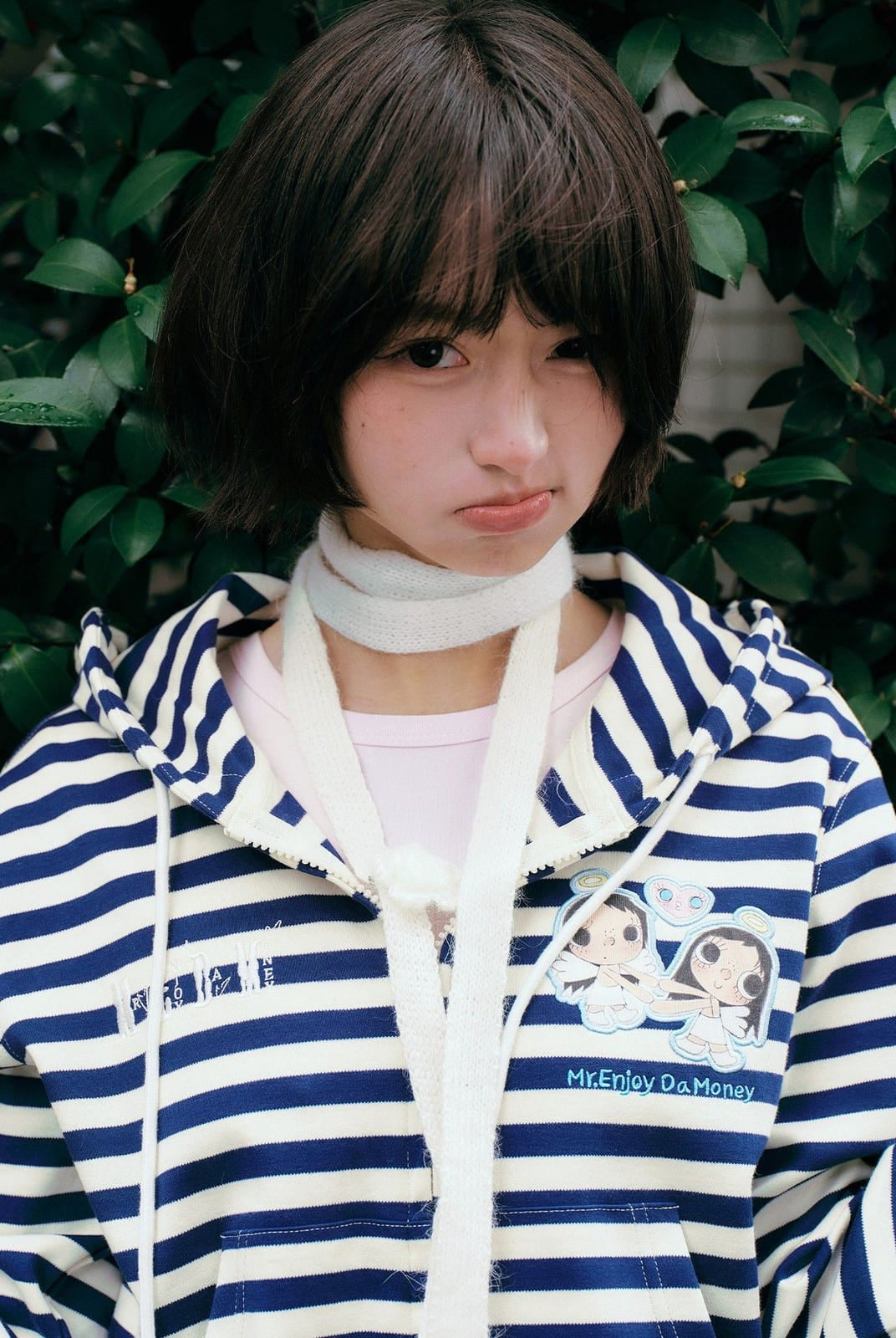 MEDM Cropped Striped Applique Zip Hoodie in Navy Blue - On Female Model