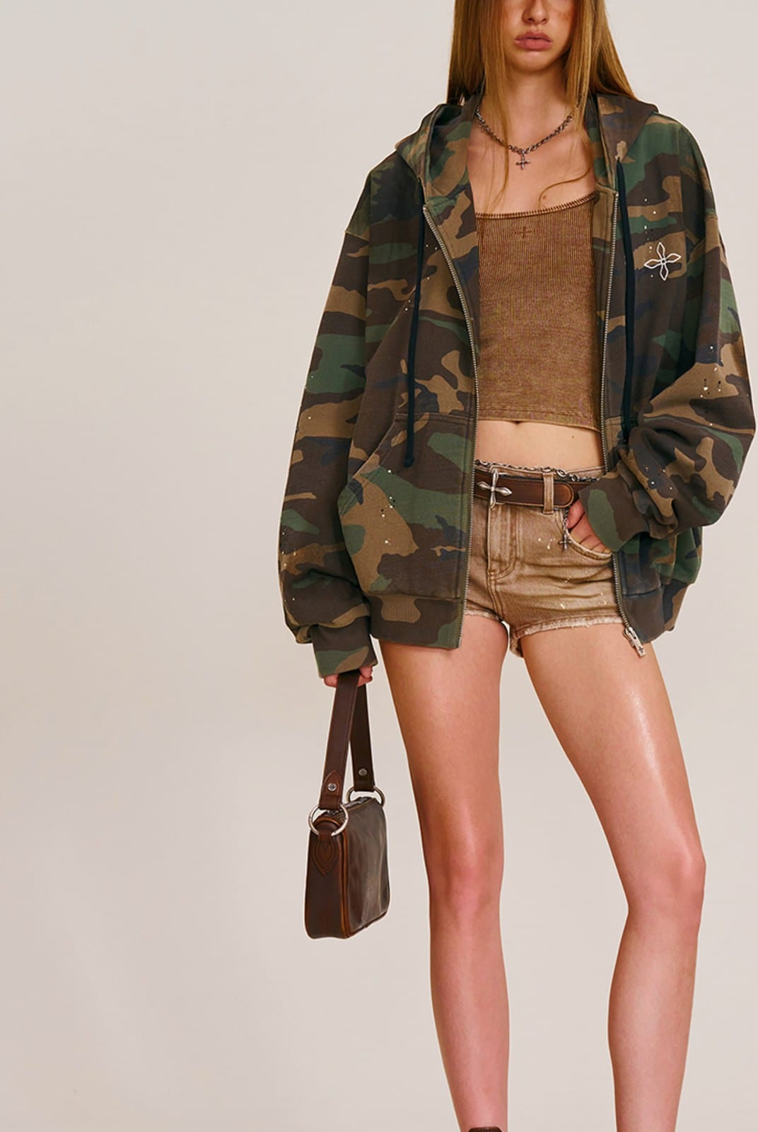 SMFK Cross Embroidered Zip Up Hoodie in Olive - On Female Model