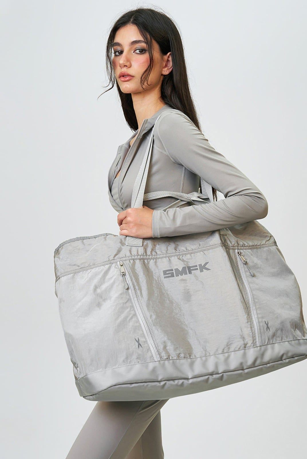 SMFK Large Polyamide Fitness Bag in Gray - On Female Model