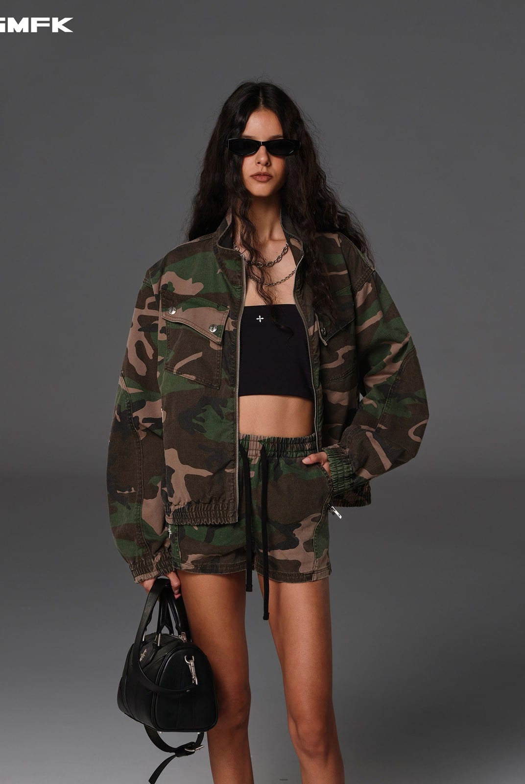 SMFK Camouflage Zip Up Cropped Jacket in Green - On Female Model