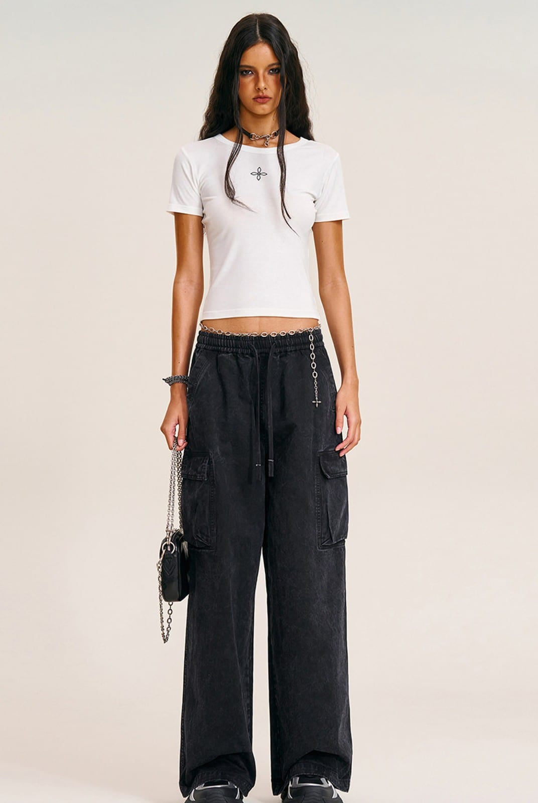 SMFK Acetate Blend Cross Graphic T Shirt in White - On Female Model