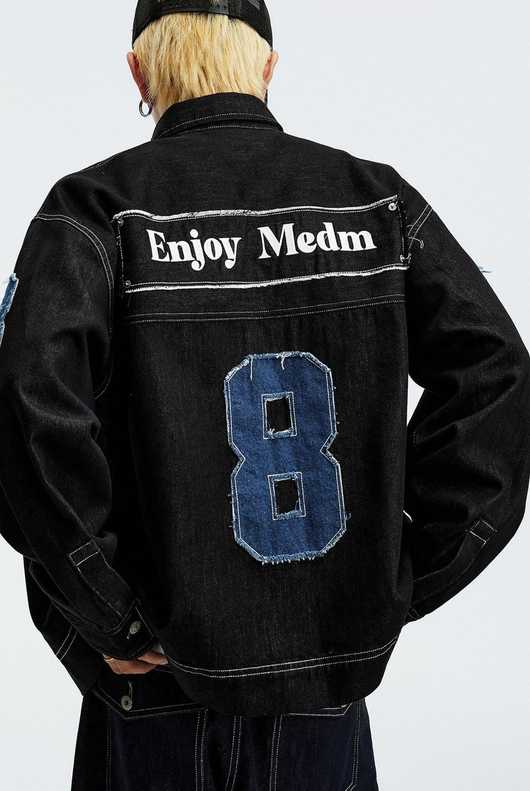 MEDM Lyocell Blend Logo Patch Denim Jacket in Denim - On Model