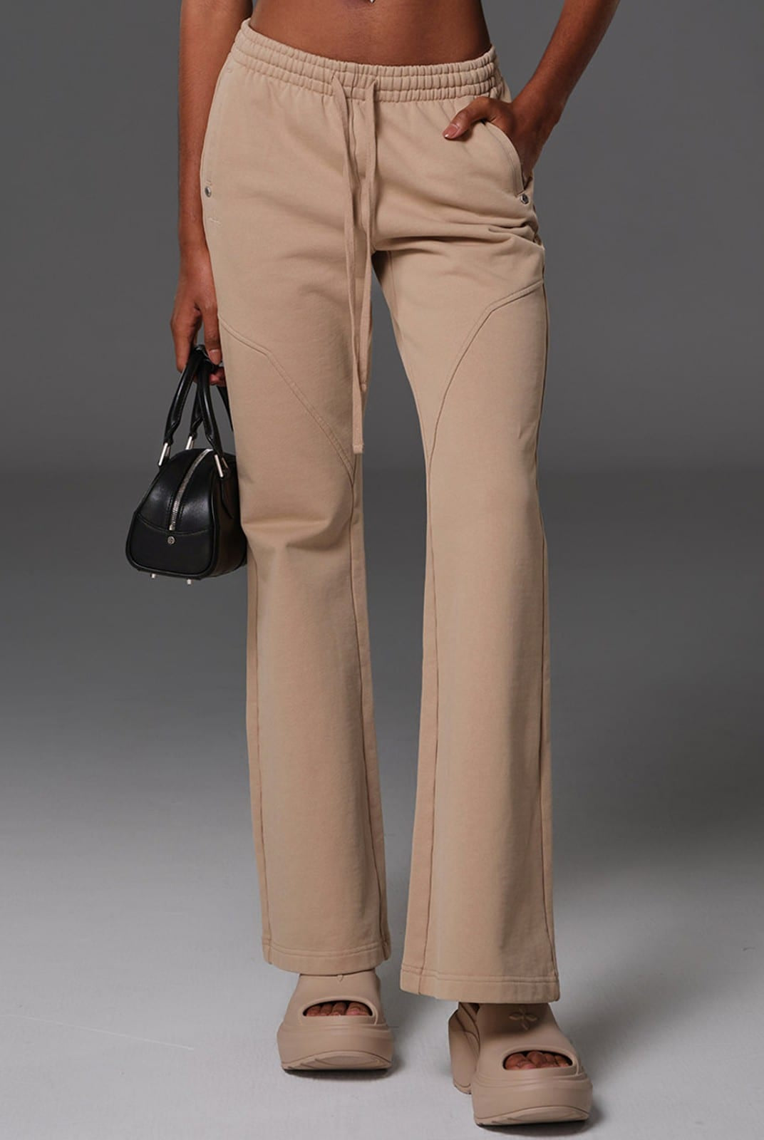 SMFK Cotton Blend Flared Sweatpants in Beige - On Female Model