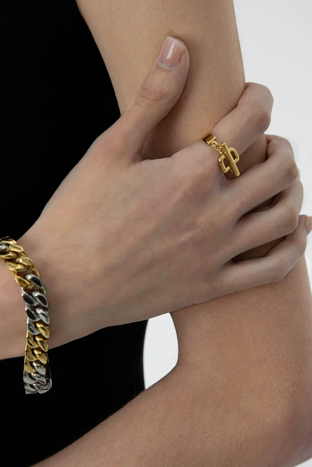 BLACKHEAD Structural Letter B Ring in Yellow - On Female Model