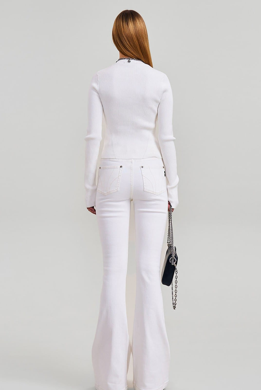 SMFK Stretch Cotton Blend Flared Jeans in White - On Model
