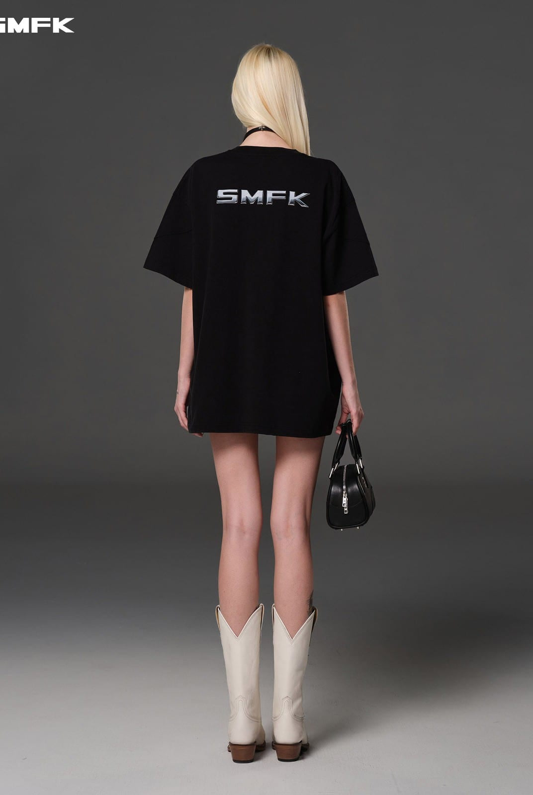 SMFK Oversized Cotton Graphic T Shirt in Black - On Model