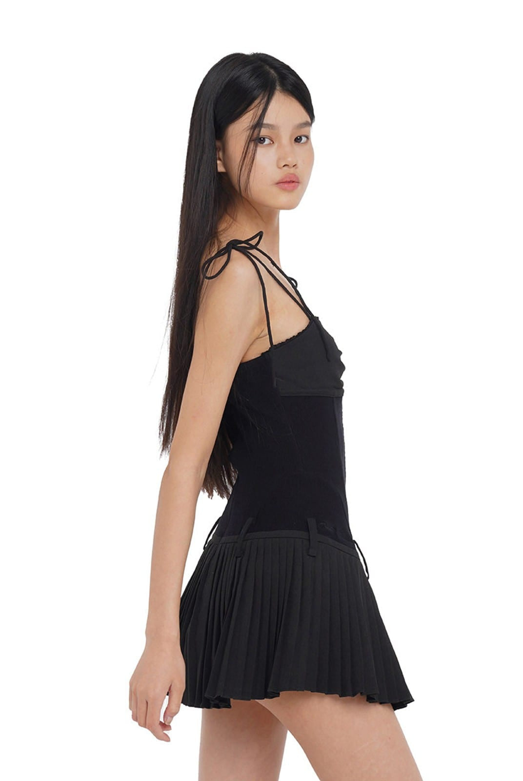 SweetChilling Pleated Paneled Slip Mini Dress in Black - On Female Model